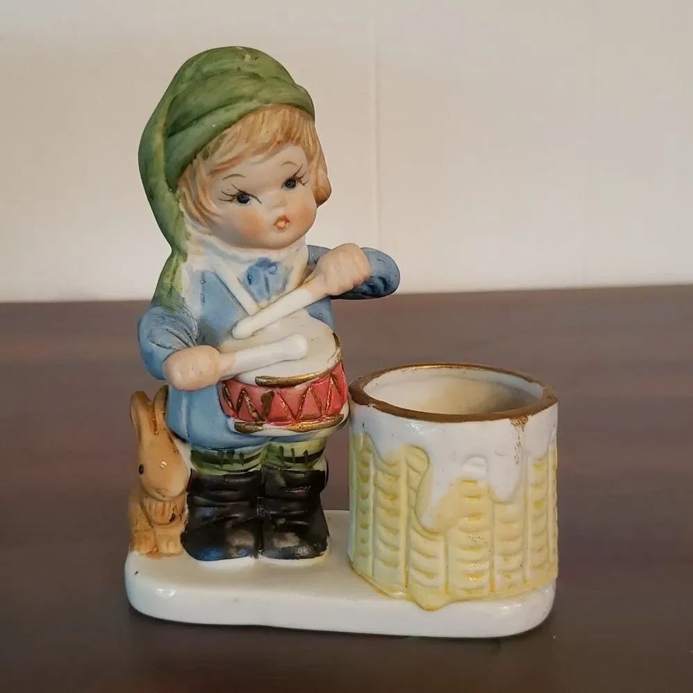 Vintage Jasco Christmas Luvkins Hand-Painted Bisque Porcelain Drummer Boy Candle